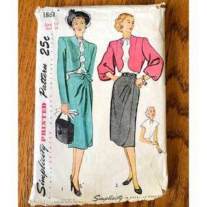 Vintage 1940s Simplicity 1861 Sewing Pattern Sz Sm 14 Bolero Suit & Top COMPLETE